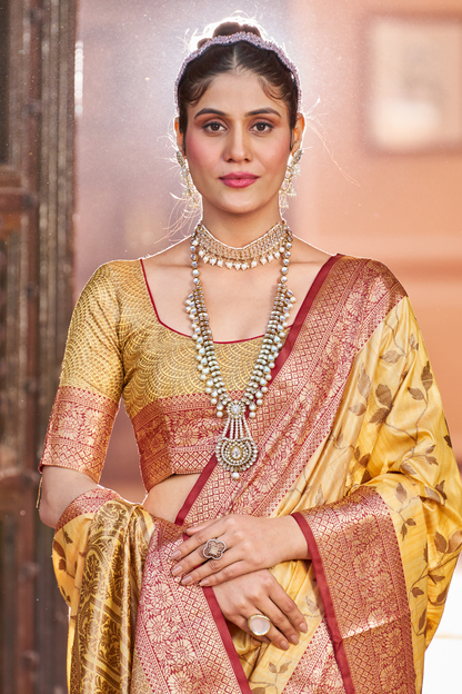 Yellow Banarasi Pure Satin Silk with Graceful Zari Work Border