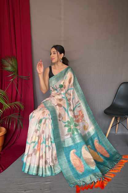 Sky Blue Chanderi Silk Digital Print Saree