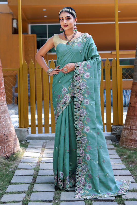 Sky Blue Embroidered Pure Mark Silk Saree with Cutwork Border