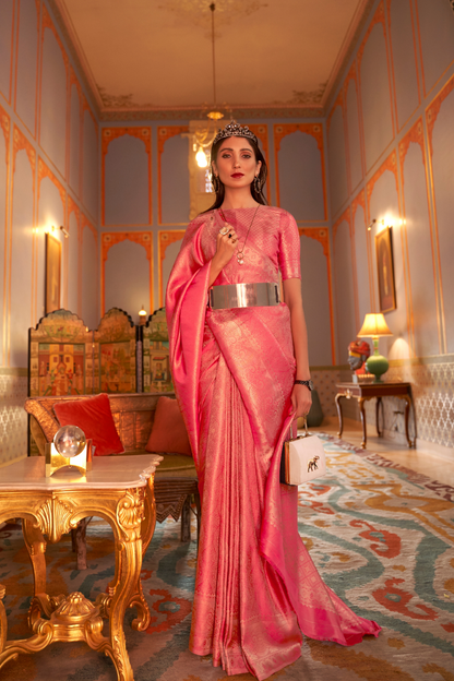 Trendy Rani Pink Kanjivaram Silk Saree with Satin Weaving Work