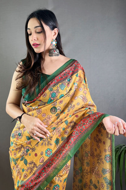 Yellow Kalamkari Printed Malai Cotton Saree