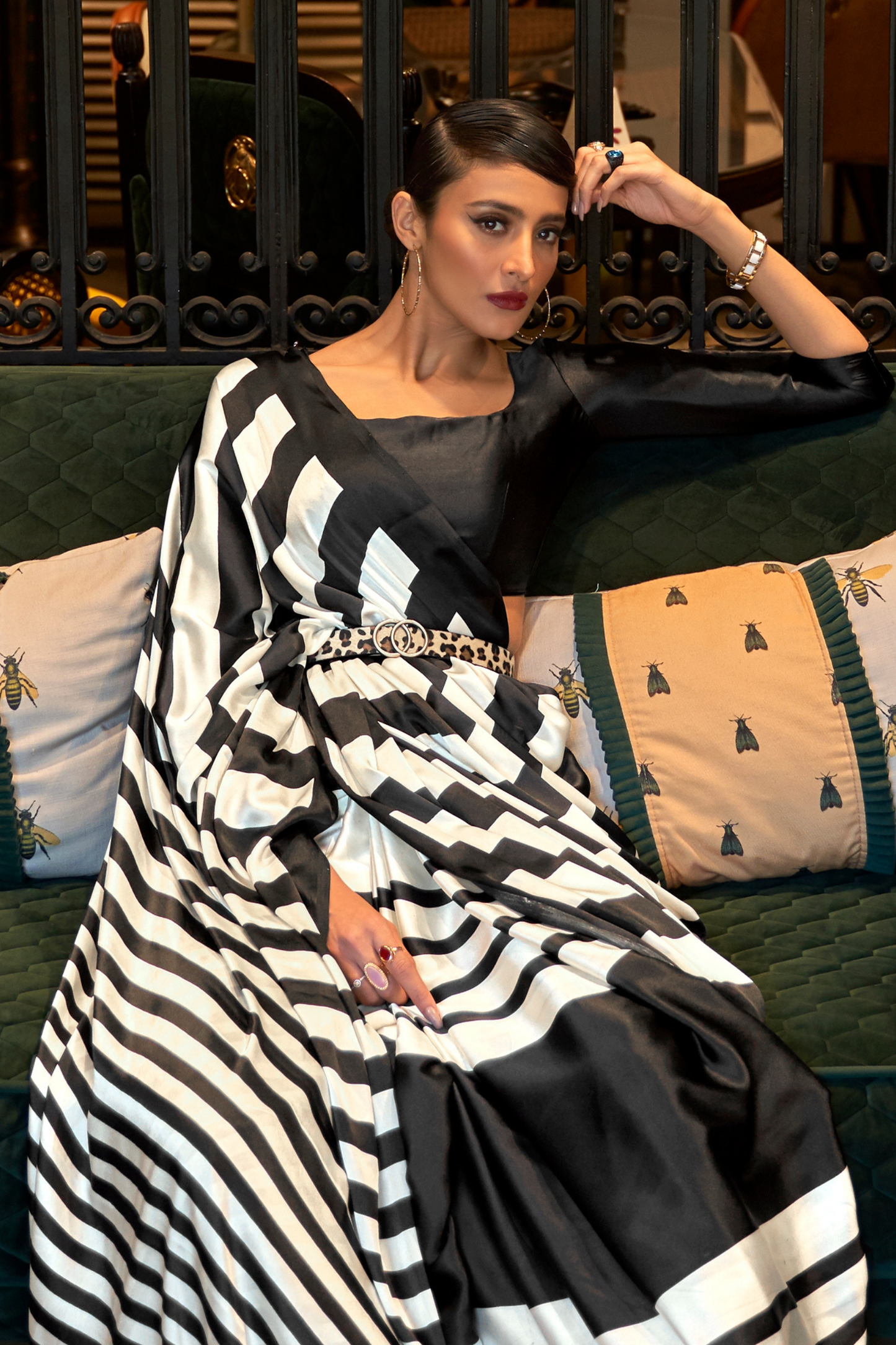 White & Black Striped Printed Satin Crepe Saree