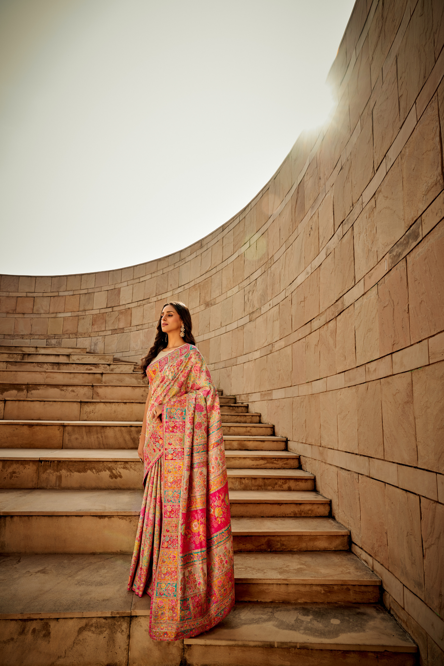 Dark Beige Kashmiri Soft Cotton Pashmina Silk Saree with Floral Print