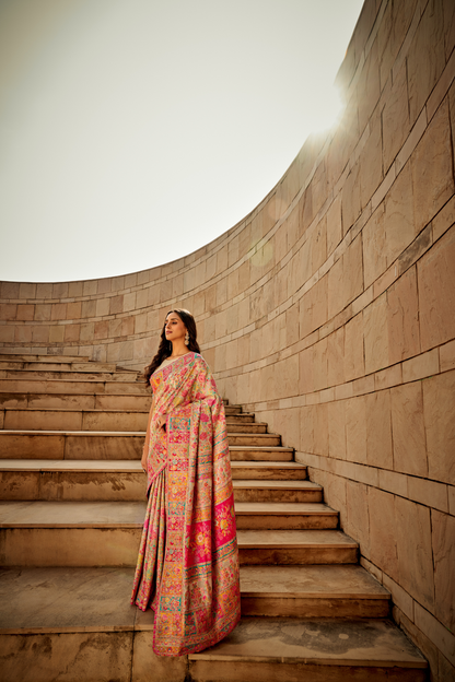 Dark Beige Kashmiri Soft Cotton Pashmina Silk Saree with Floral Print