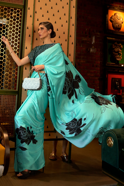 Turquoise Floral Printed Satin Crepe Saree