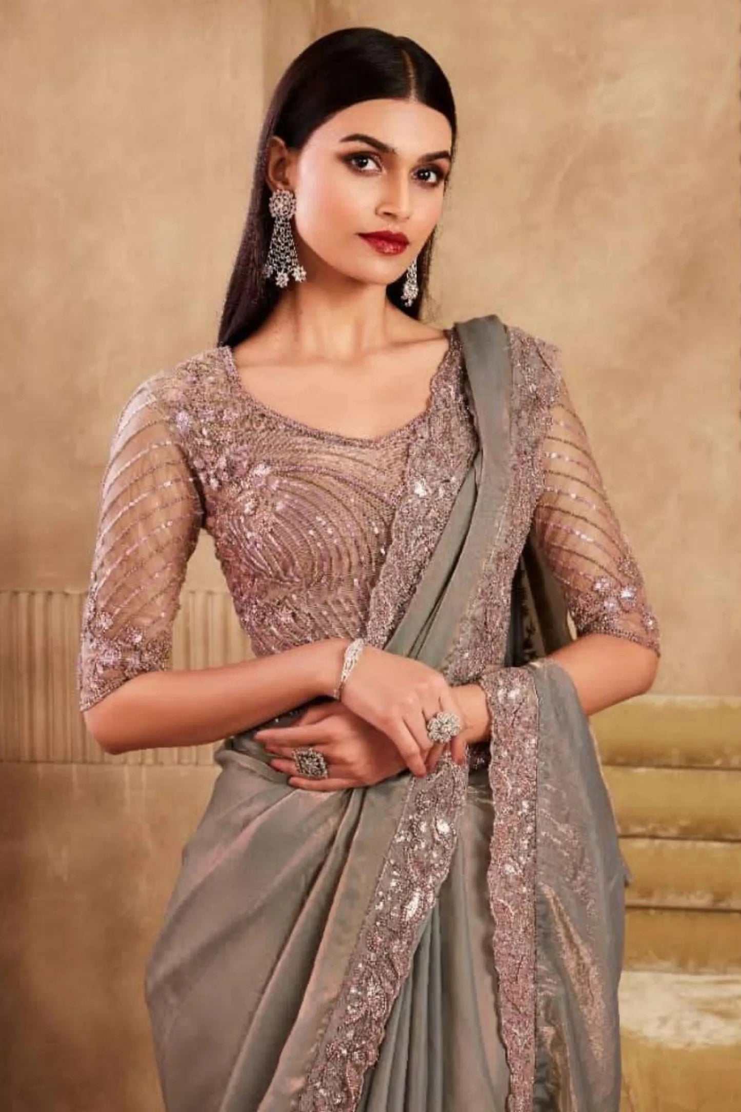 Grey Gold Flake Designer Silk Saree With Fancy Work