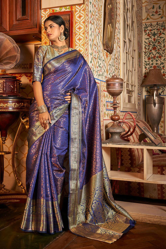 Navy Blue Pure Kanjivaram Silk with Bronze Zari Weaving