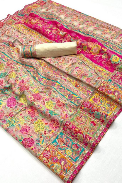 Dark Beige Kashmiri Soft Cotton Pashmina Silk Saree with Floral Print