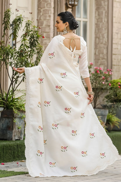 White Floral Embroidered Tussar Cotton Saree