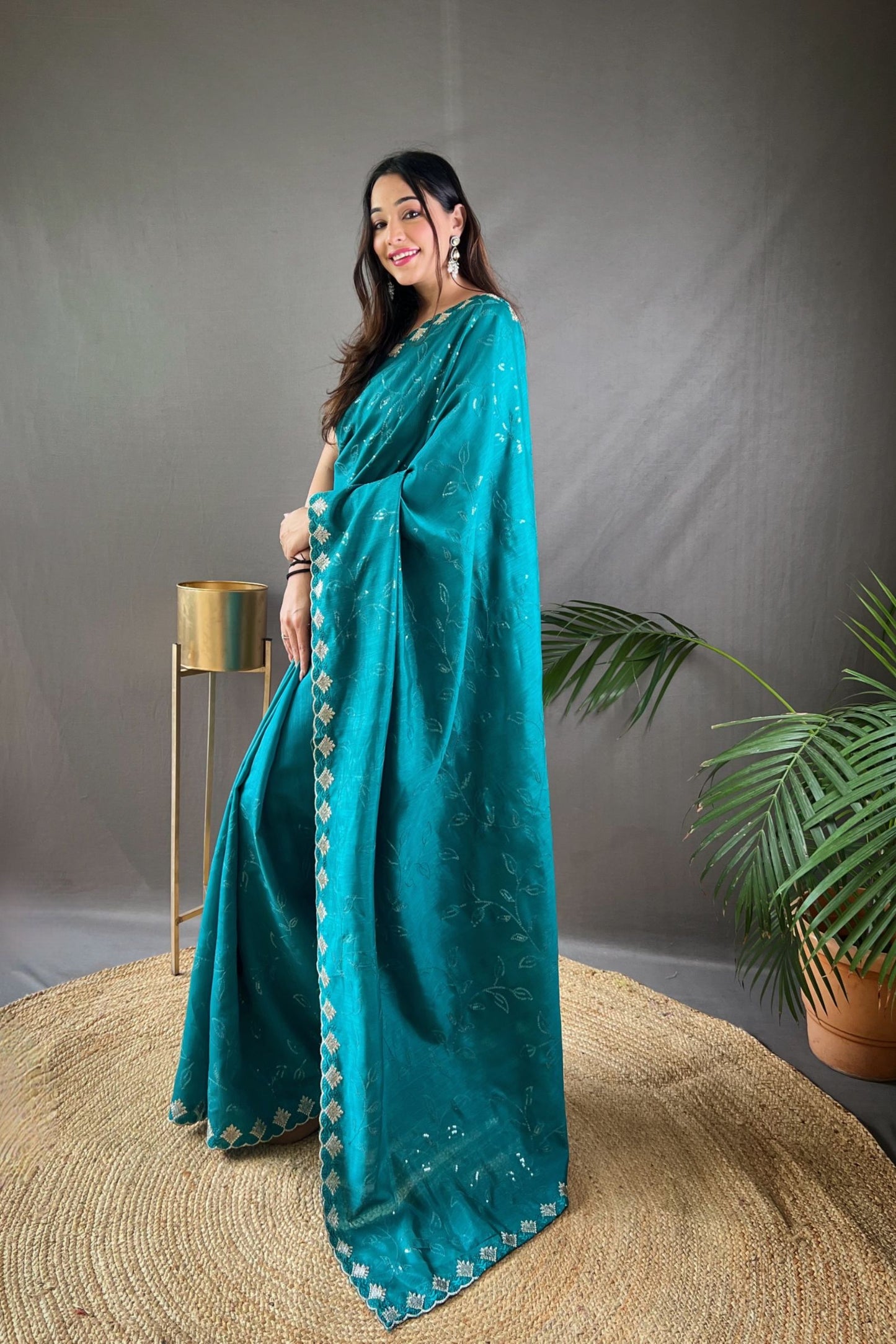 Turquoise Blue Sequins Work Silk Saree with Embroidered Border