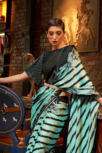 Turquoise Green Striped Printed Satin Crepe Saree