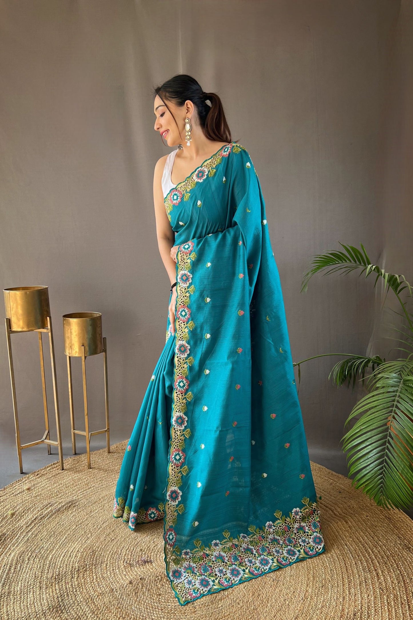 Ocean Blue Embroidered Pure Tussar Silk Saree