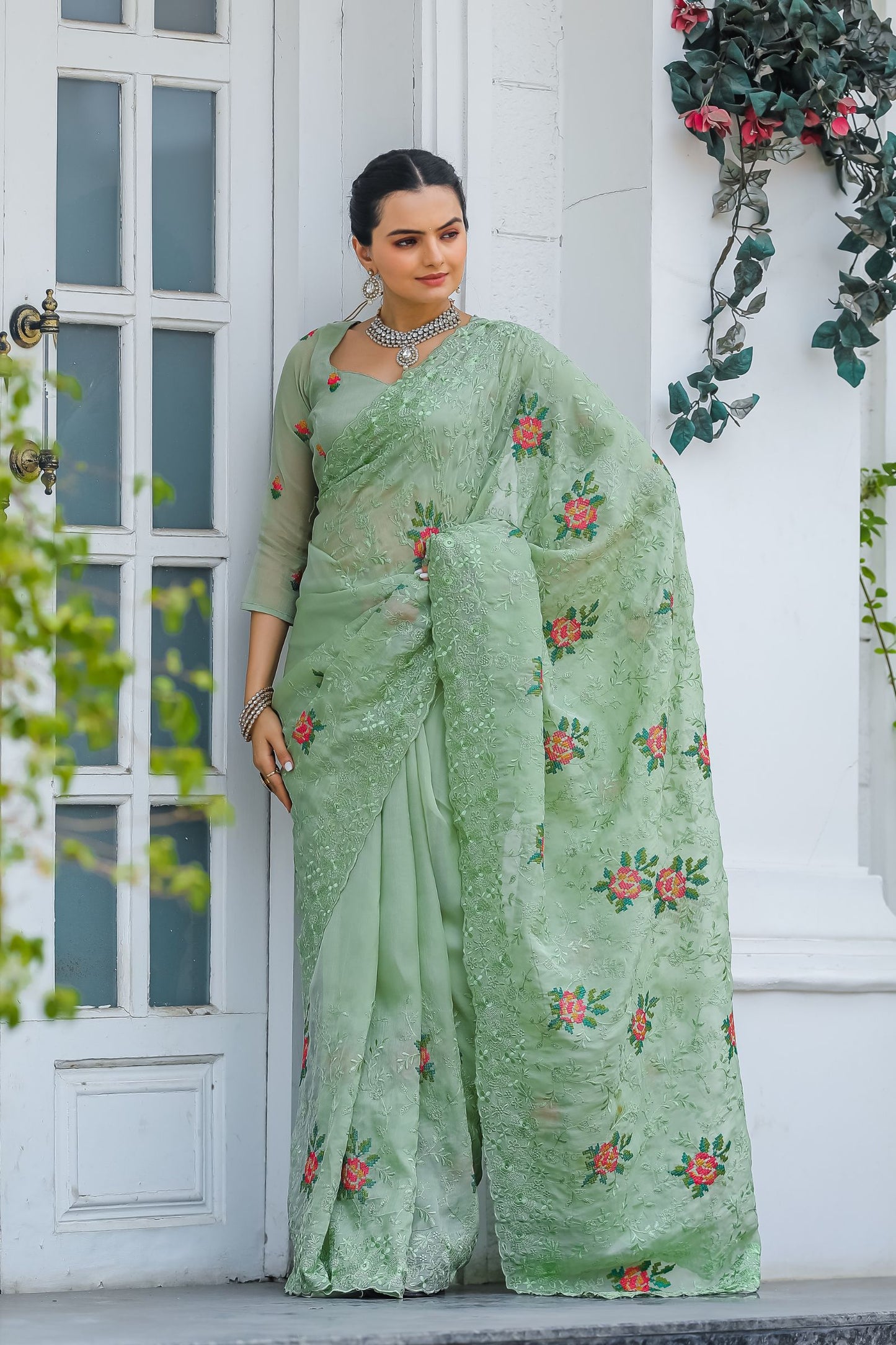 Mint Green Chiffon Saree with Cross-Stitch Embroidery