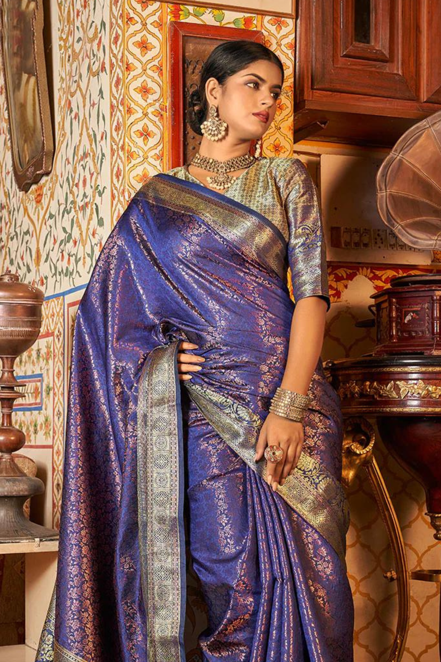 Navy Blue Pure Kanjivaram Silk with Bronze Zari Weaving