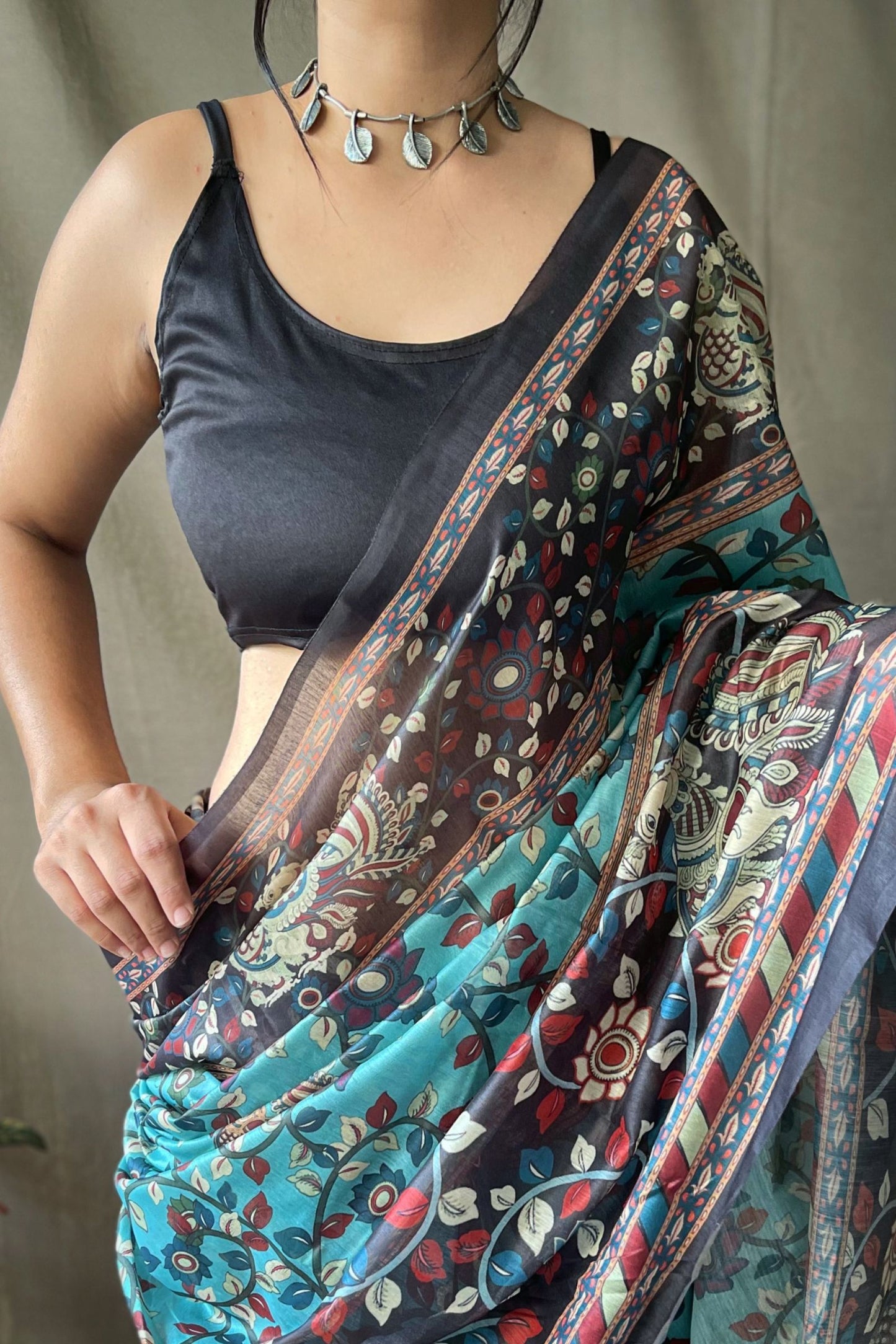 Sky Blue Kalamkari Digital Printed Soft Cotton Saree
