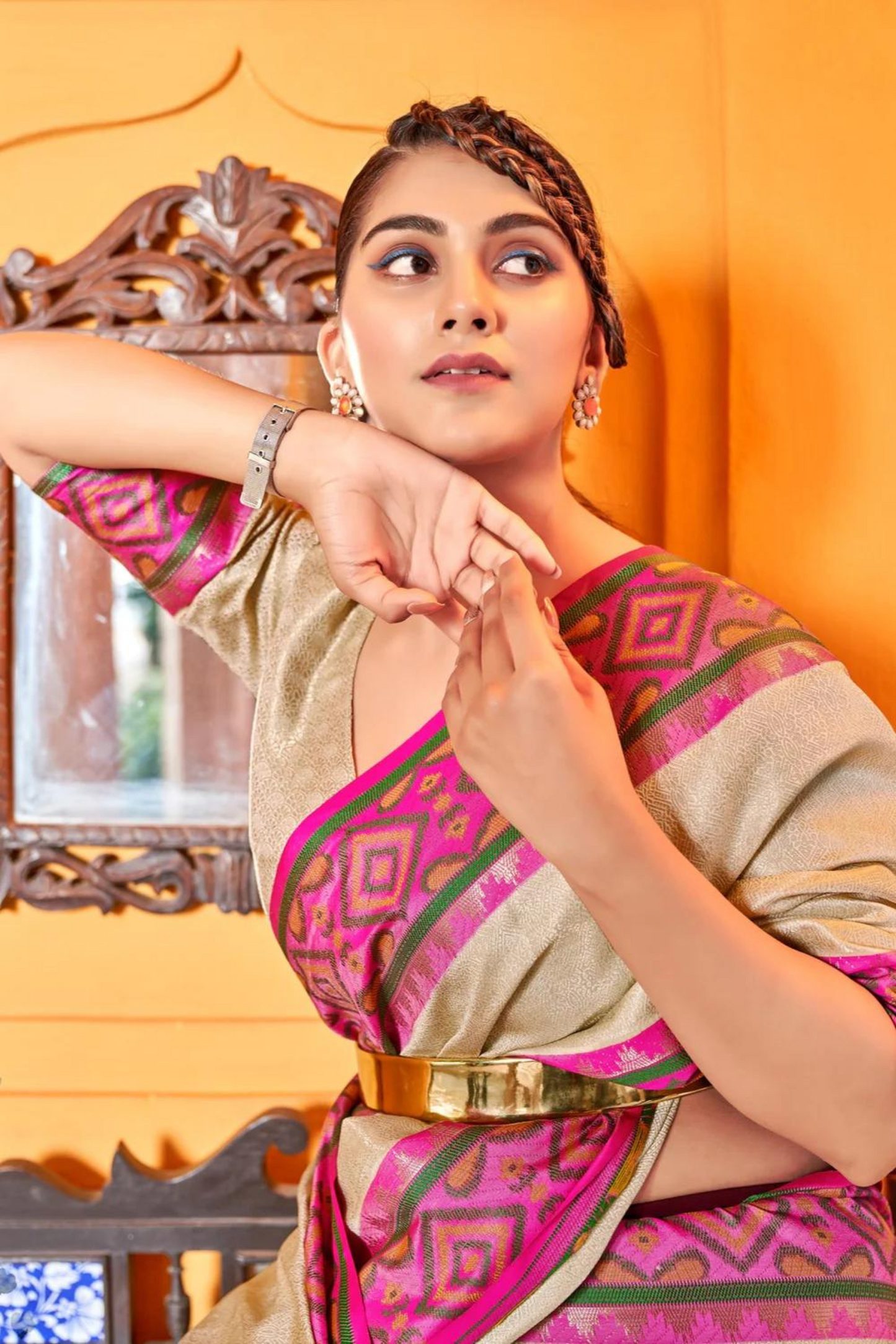 Beige Soft Silk Saree with Geometric Woven Border