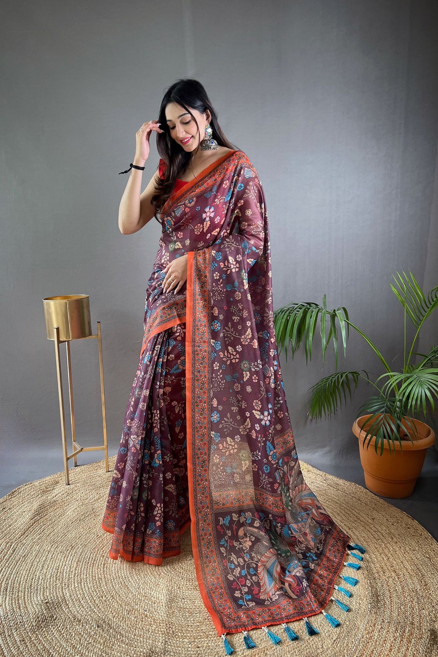 Wine Kalamkari Printed Malai Cotton Saree