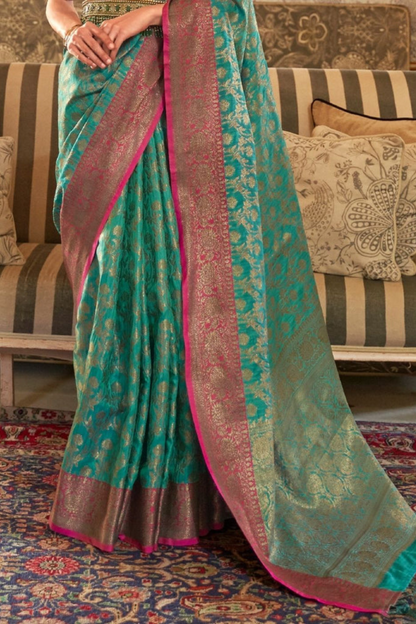Turquoise Blue Banarasi Tussar Silk Saree with Designer Boder