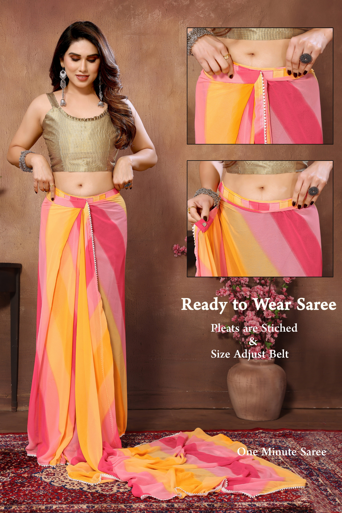 Yellow Pink Multicolor Leheriya Printed Georgette Ready to Wear Saree