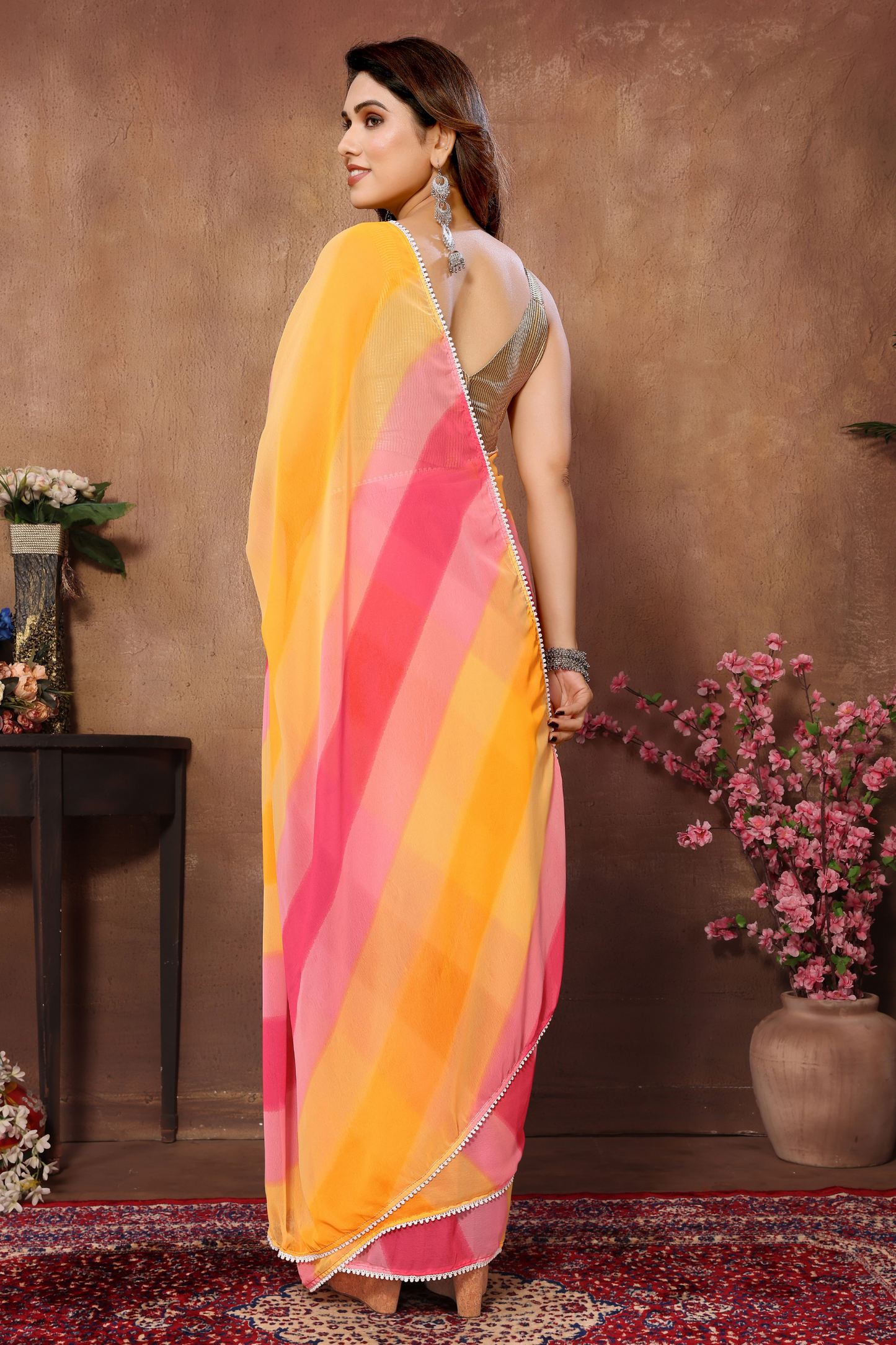 Yellow Pink Multicolor Leheriya Printed Georgette Ready to Wear Saree