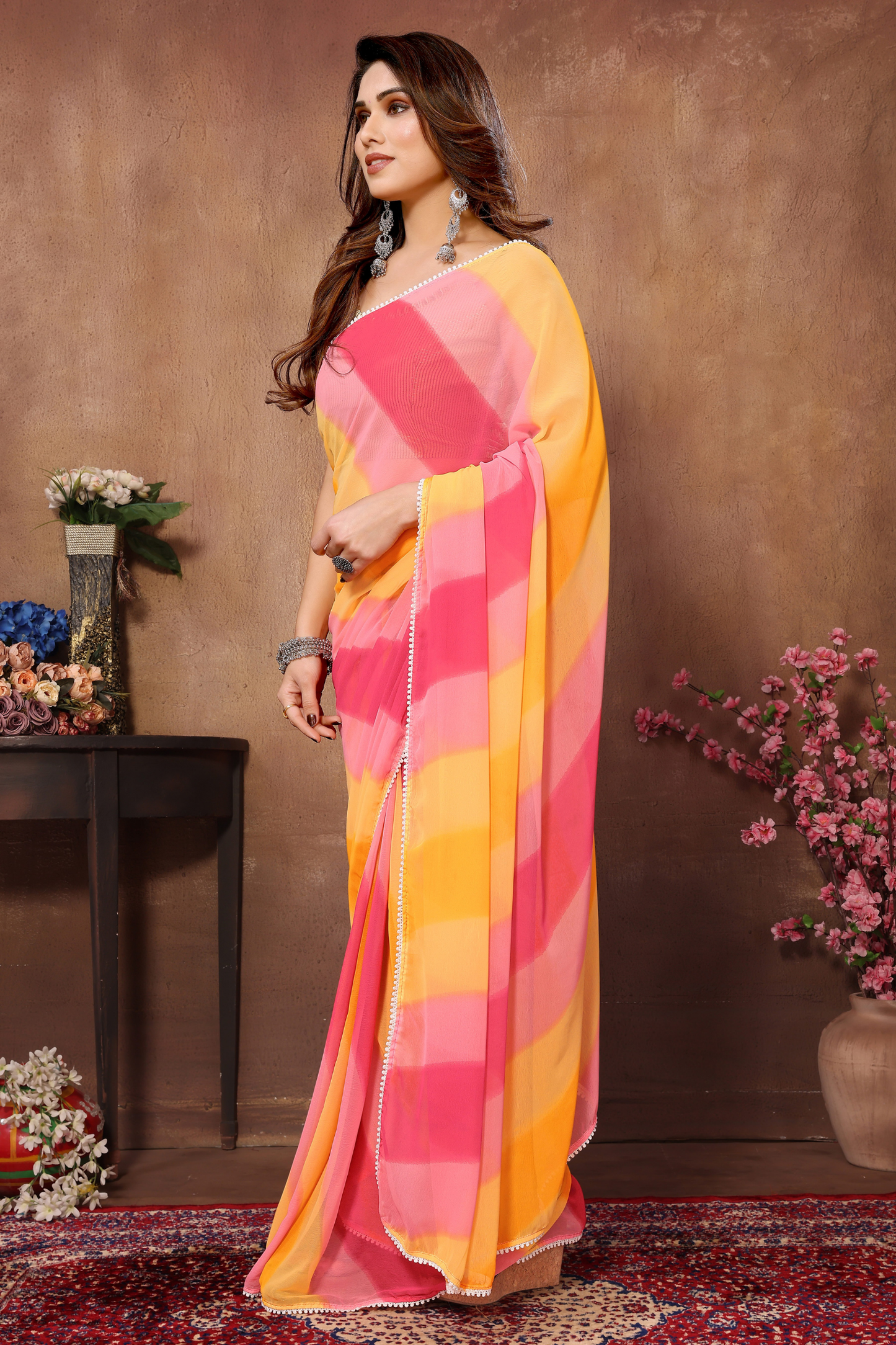 Yellow Pink Multicolor Leheriya Printed Georgette Ready to Wear Saree