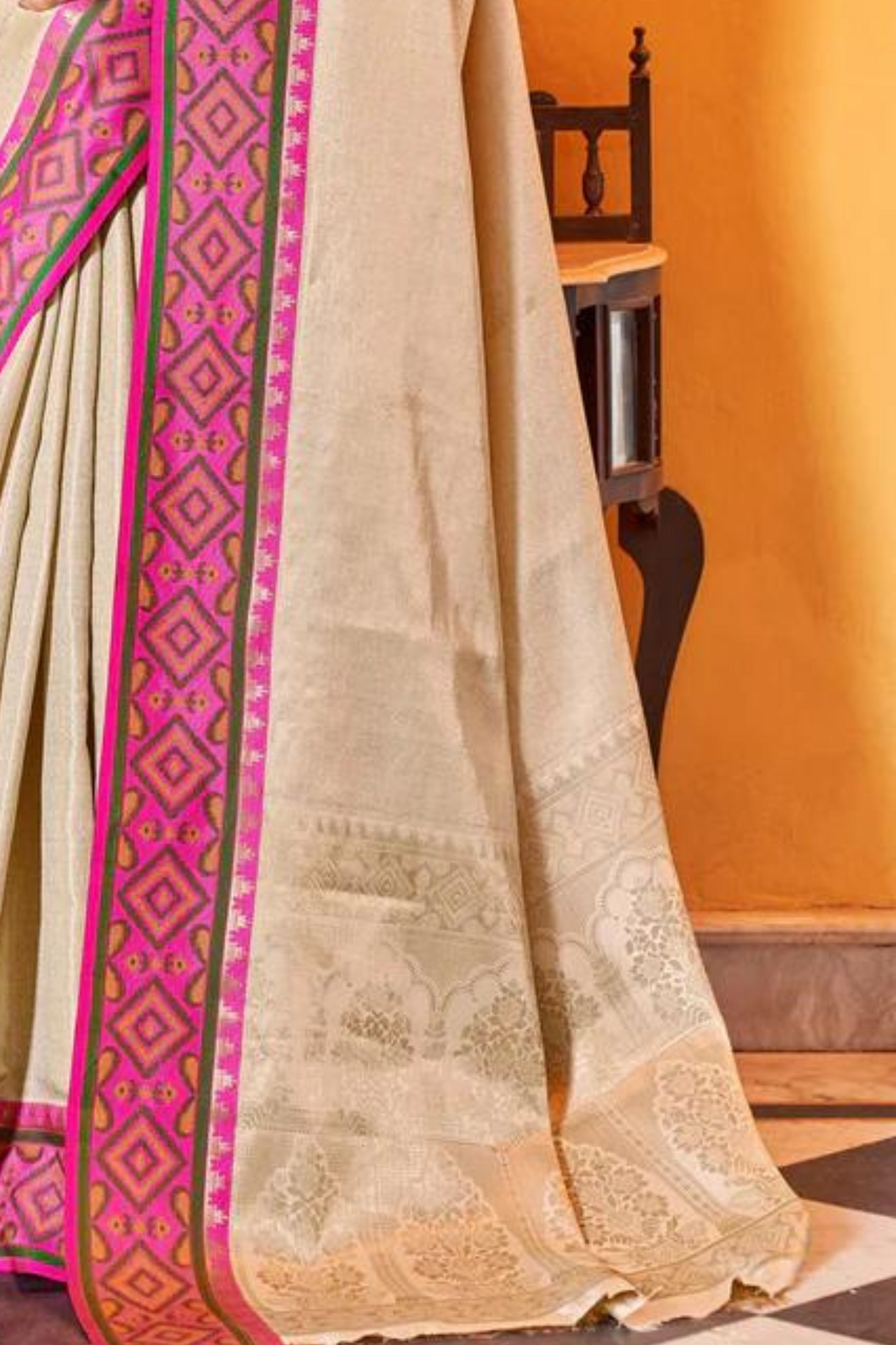 Beige Soft Silk Saree with Geometric Woven Border