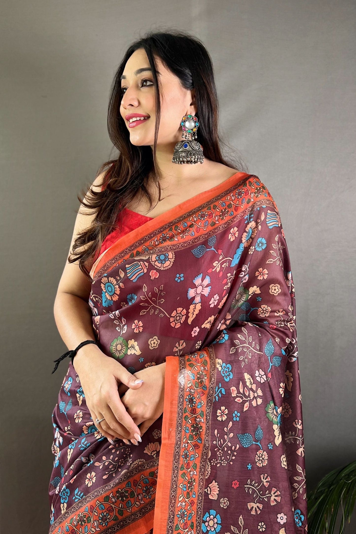 Wine Kalamkari Printed Malai Cotton Saree