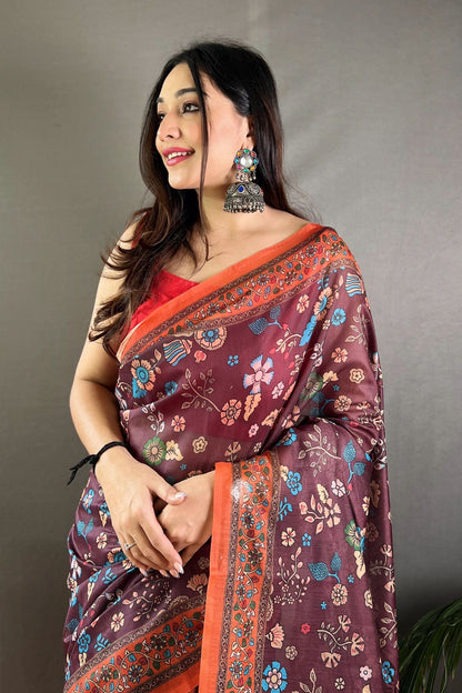 Wine Kalamkari Printed Malai Cotton Saree