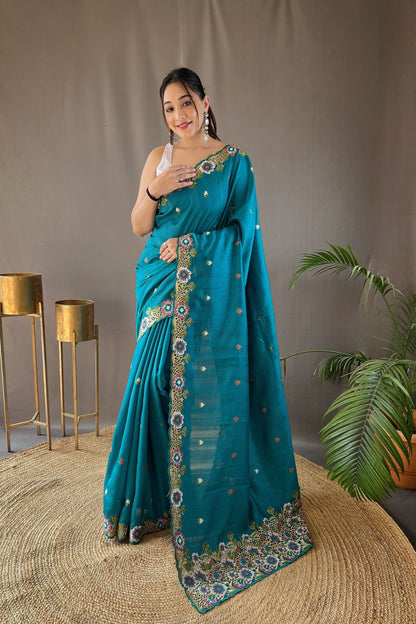 Ocean Blue Embroidered Pure Tussar Silk Saree