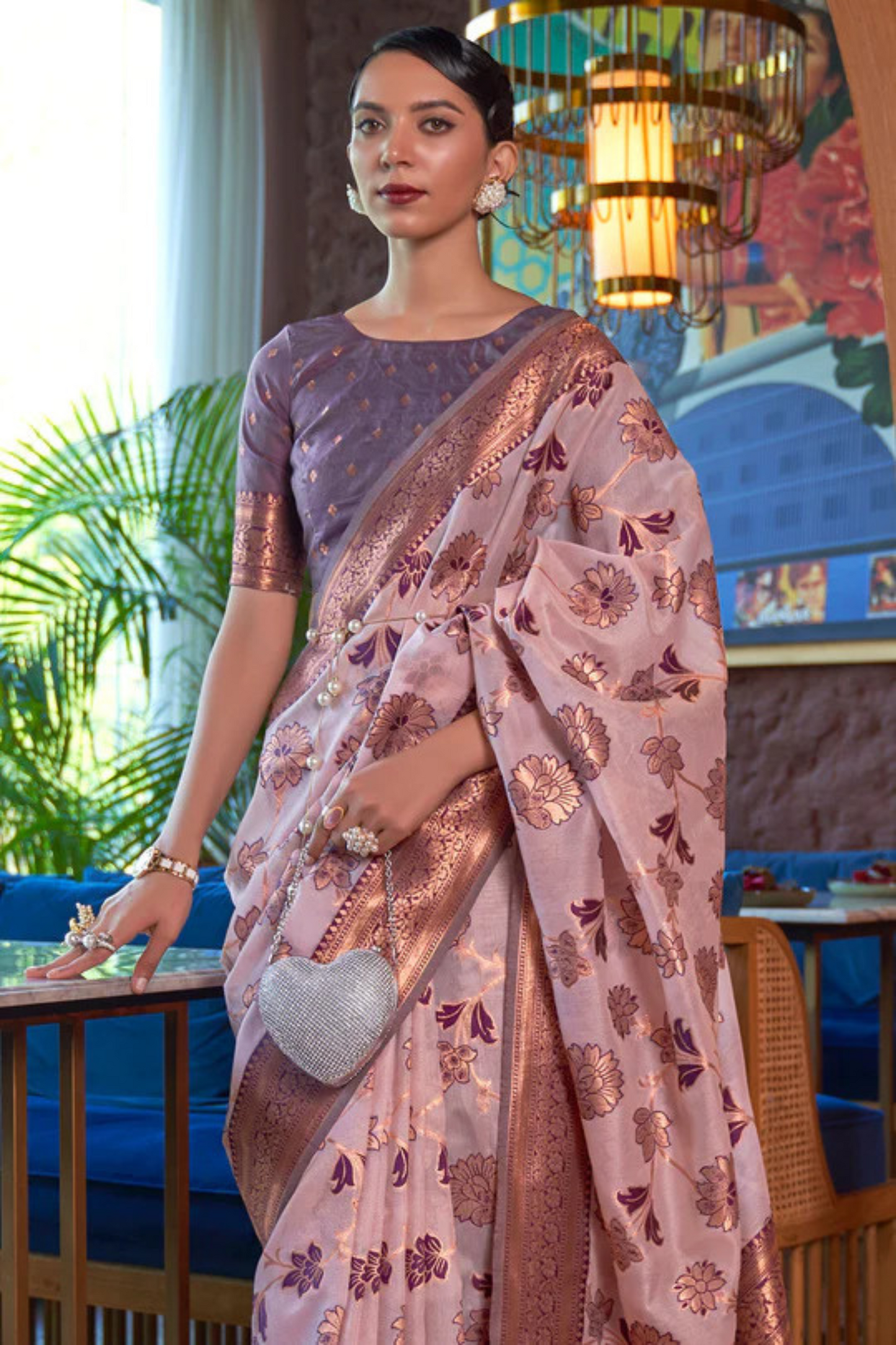 Lavender pink Organza Shimmer Silk Saree with Copper Zari Weaving