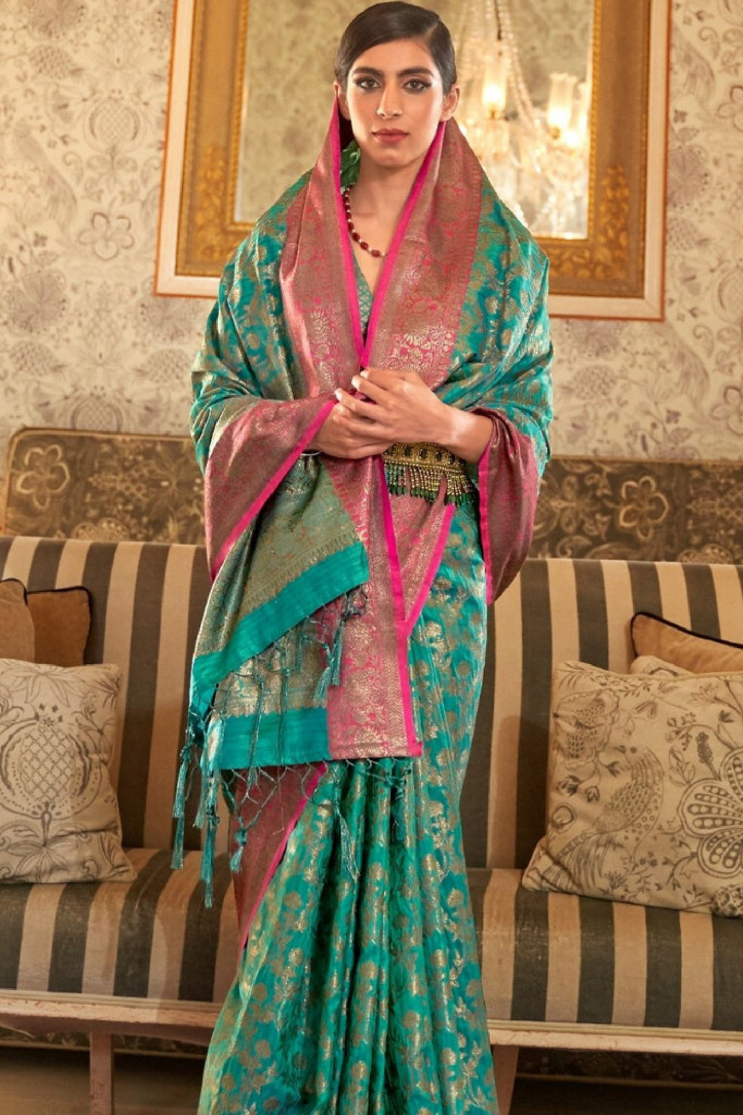 Turquoise Blue Banarasi Tussar Silk Saree with Designer Boder