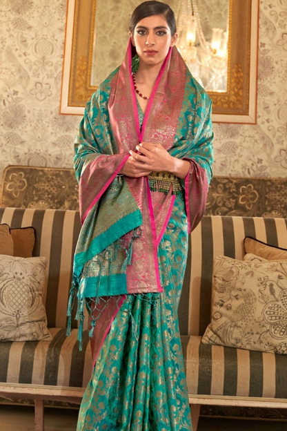 Turquoise Blue Banarasi Tussar Silk Saree with Designer Boder
