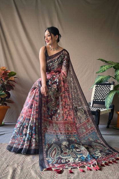 Coral Pink Kalamkari Digital Printed Soft Cotton Saree