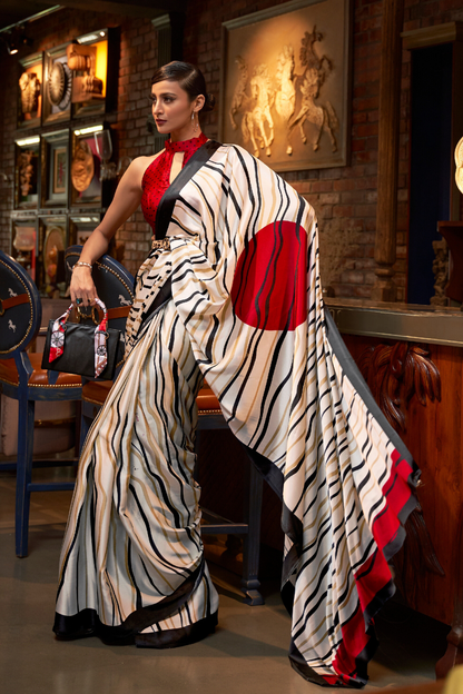 Off White Striped Printed Satin Crepe Saree