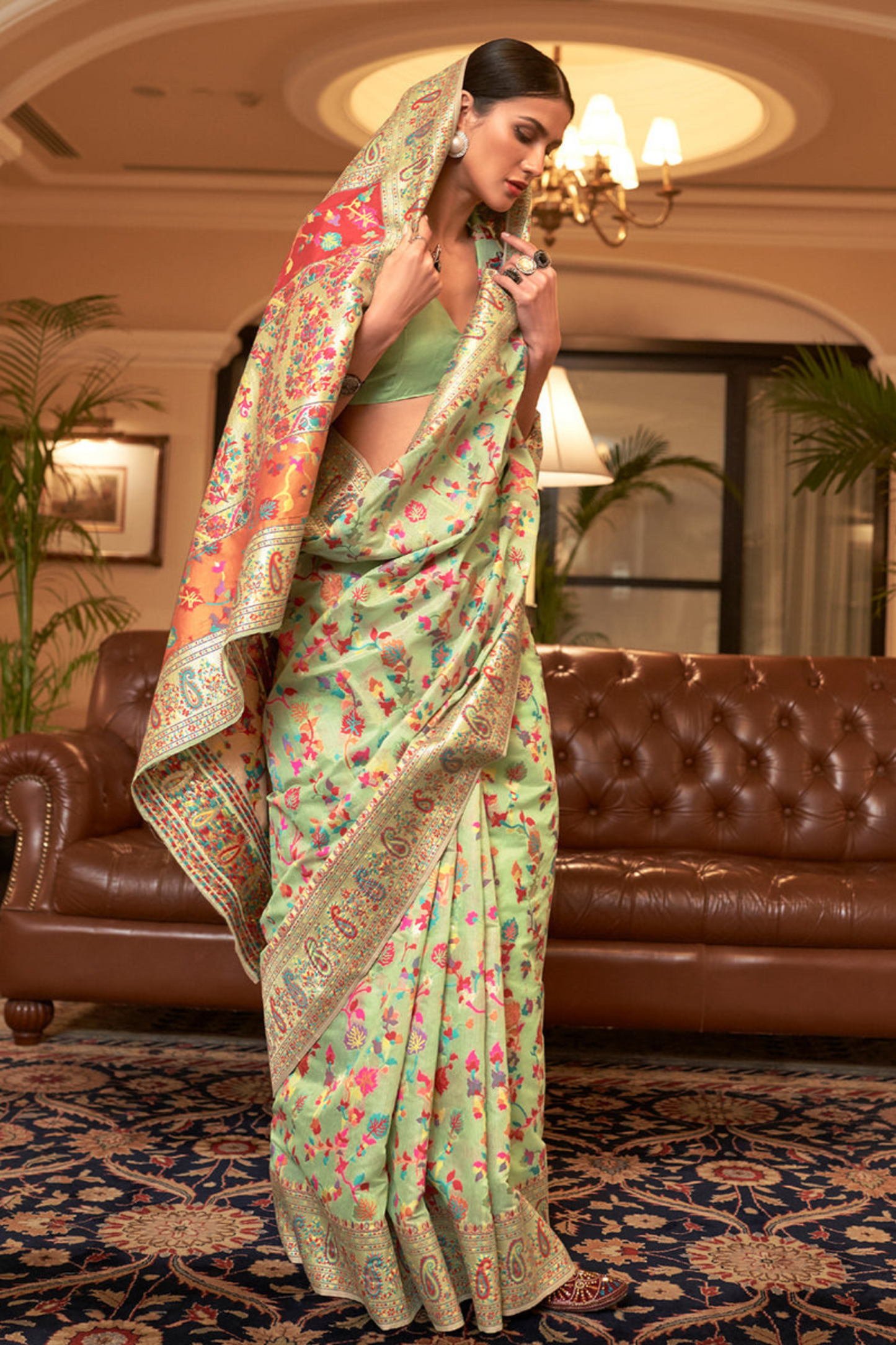 Pistachio Green Cotton Silk Pashmina Sarees with Kashmiri Modal Weaving
