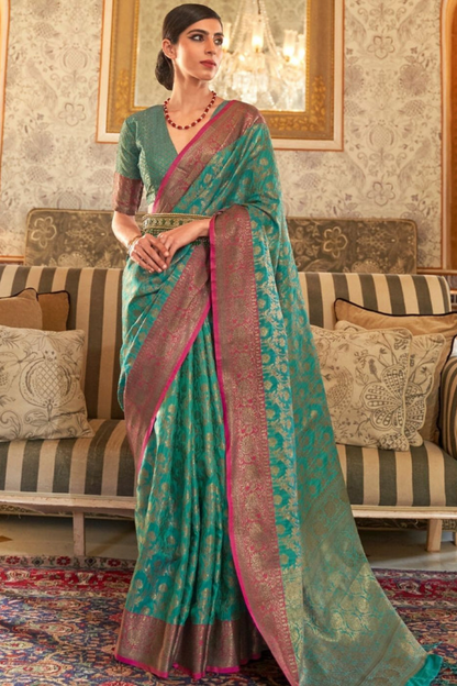 Turquoise Blue Banarasi Tussar Silk Saree with Designer Boder