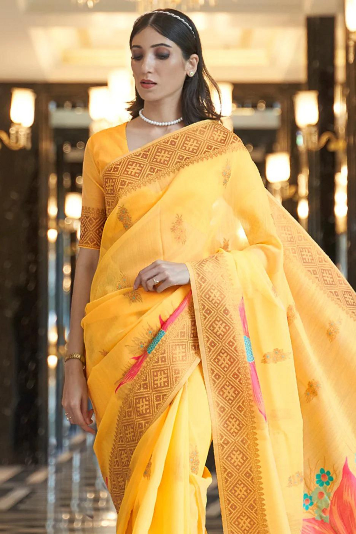 Yellow Soft Cotton Blend Silk Saree with Zari Work