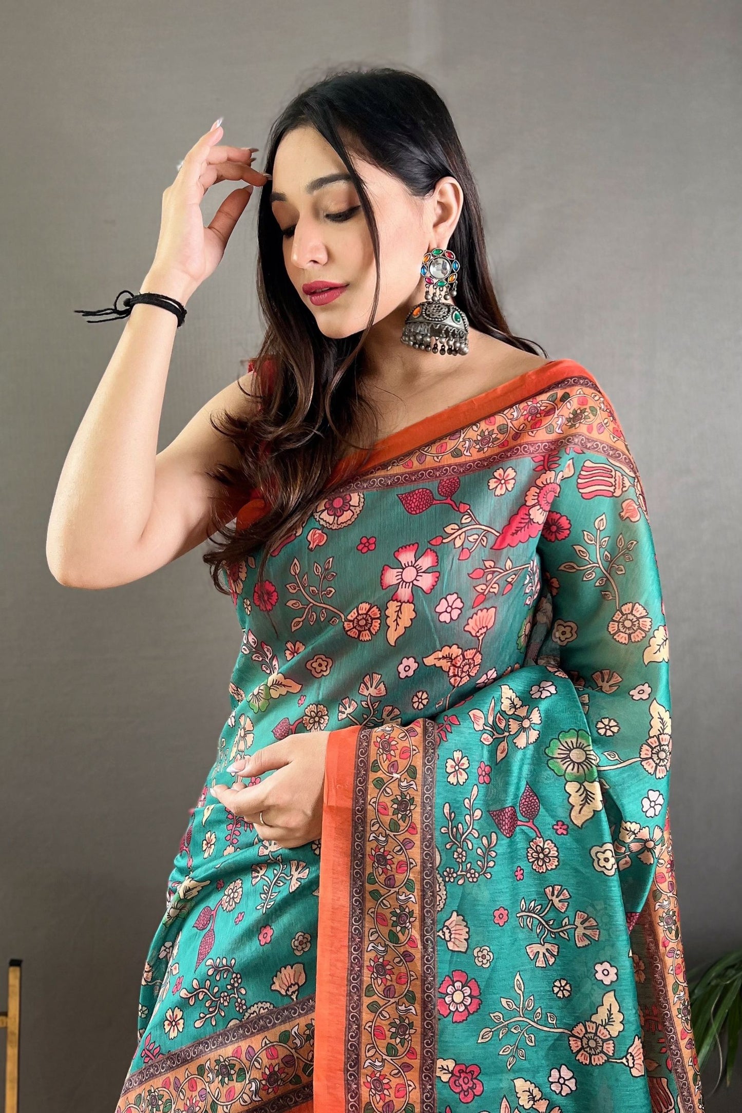 Rama Kalamkari Printed Malai Cotton Saree