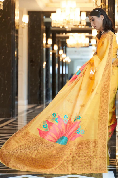 Yellow Soft Cotton Blend Silk Saree with Zari Work