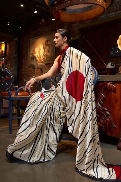 Off White Striped Printed Satin Crepe Saree
