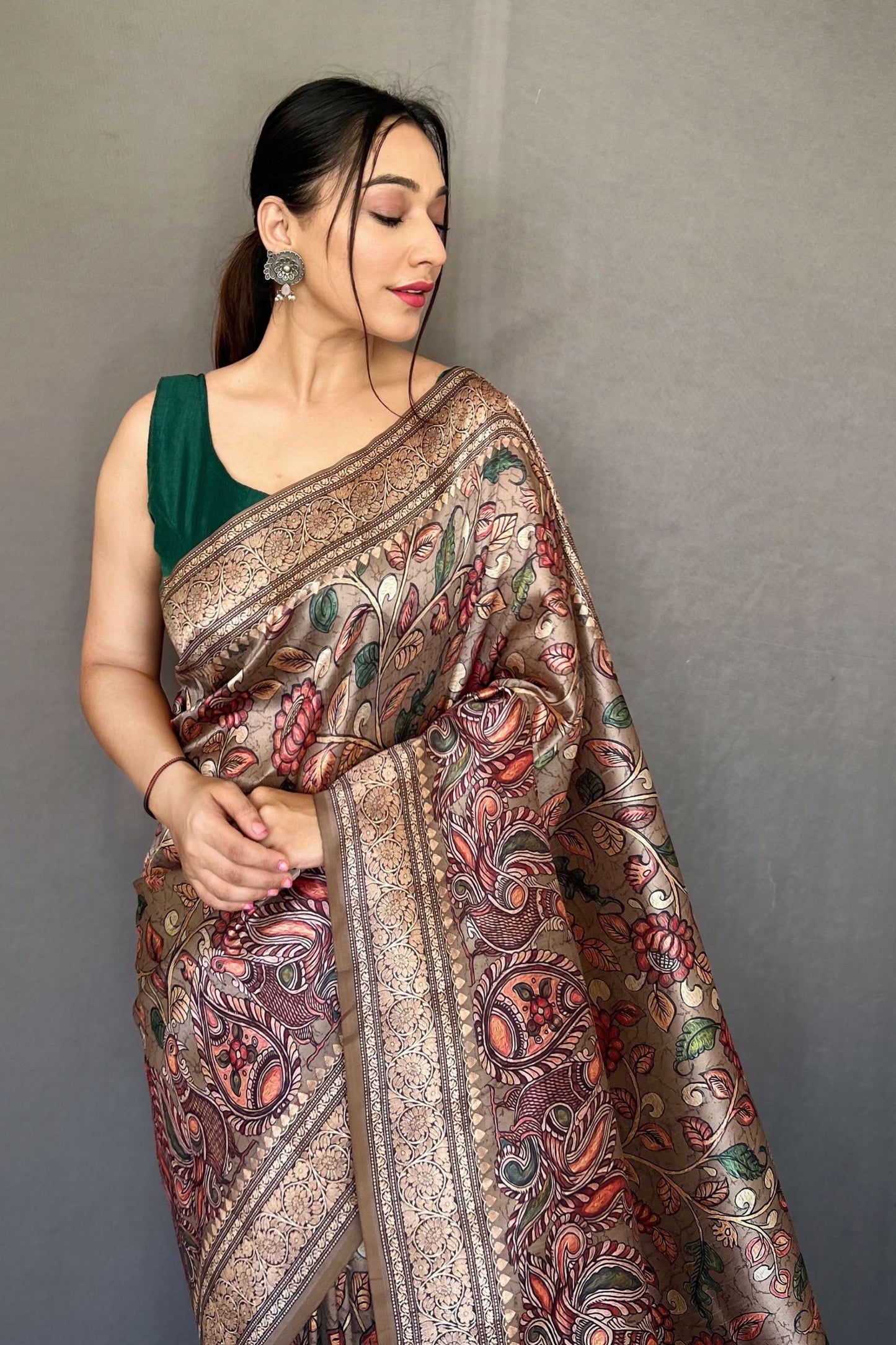 Steel Grey Soft Silk Saree with Kalamkari Fusion Print
