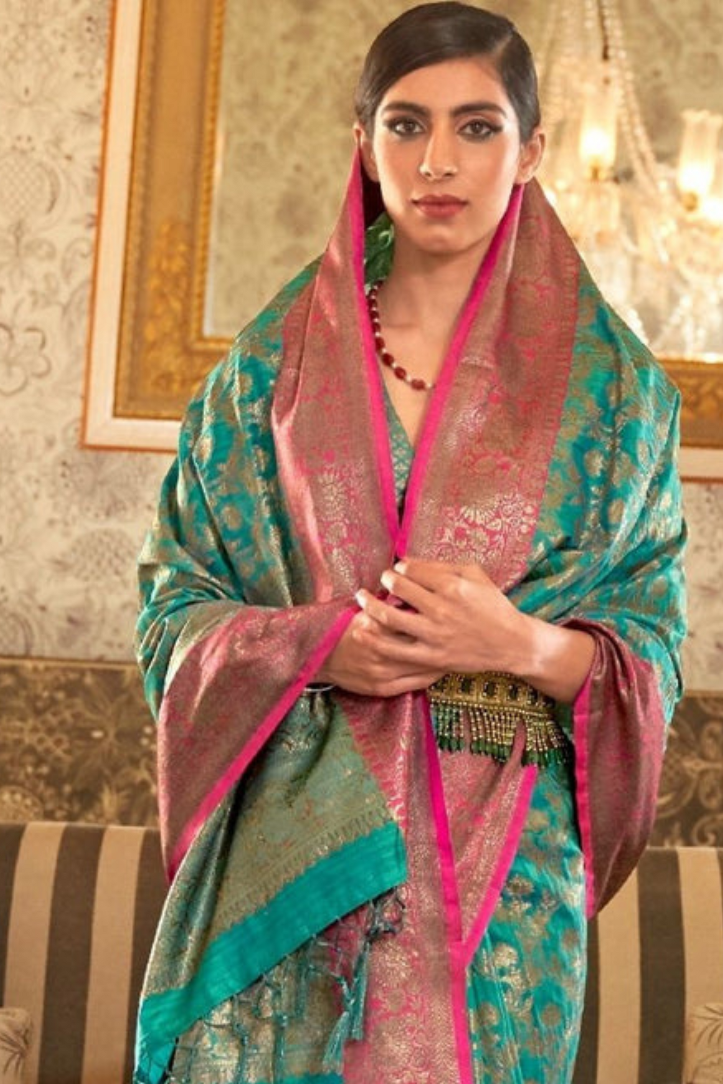 Turquoise Blue Banarasi Tussar Silk Saree with Designer Boder