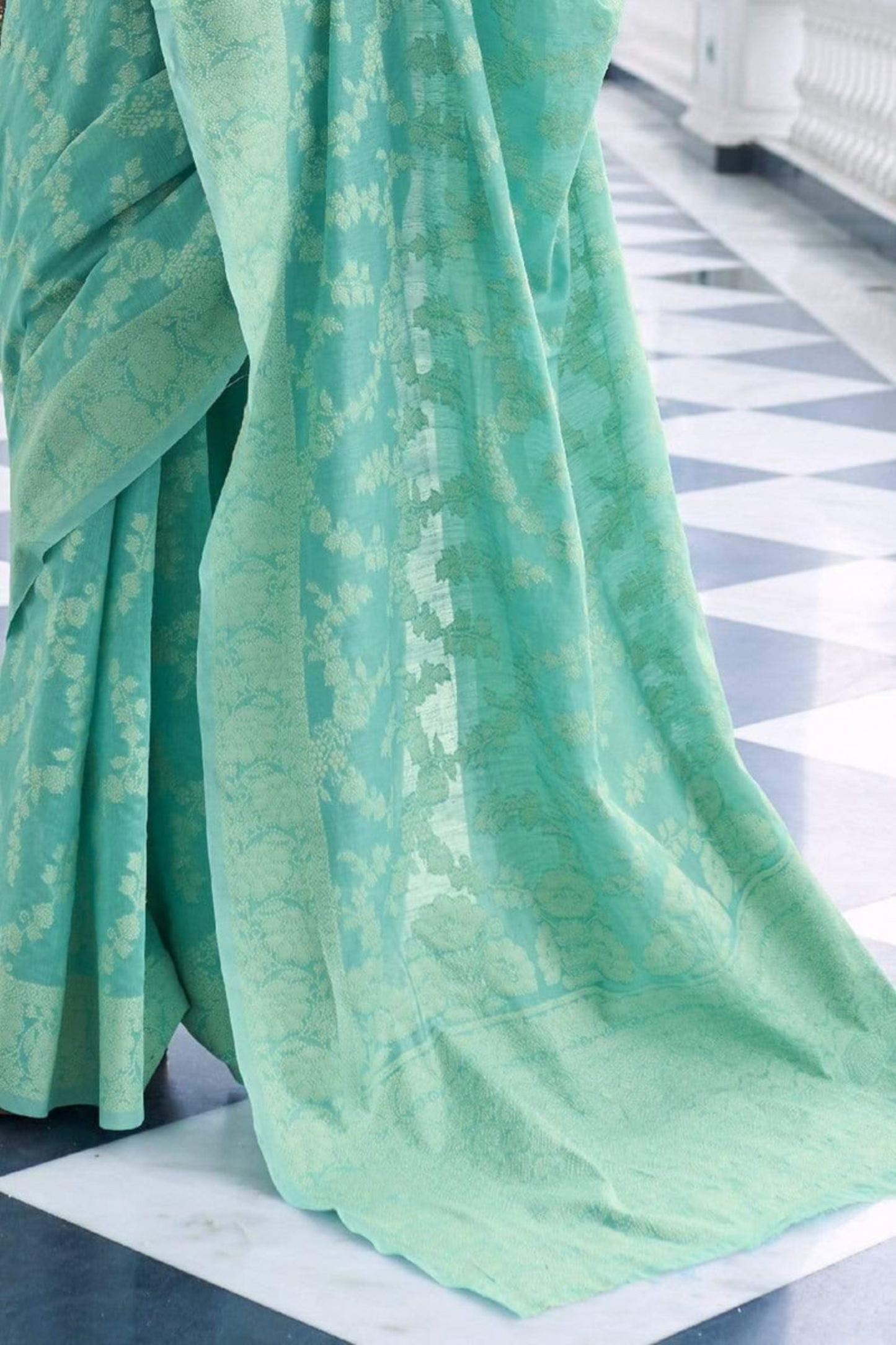 Mint Green Designer Lucknowi Cotton Saree with Chikankari Work