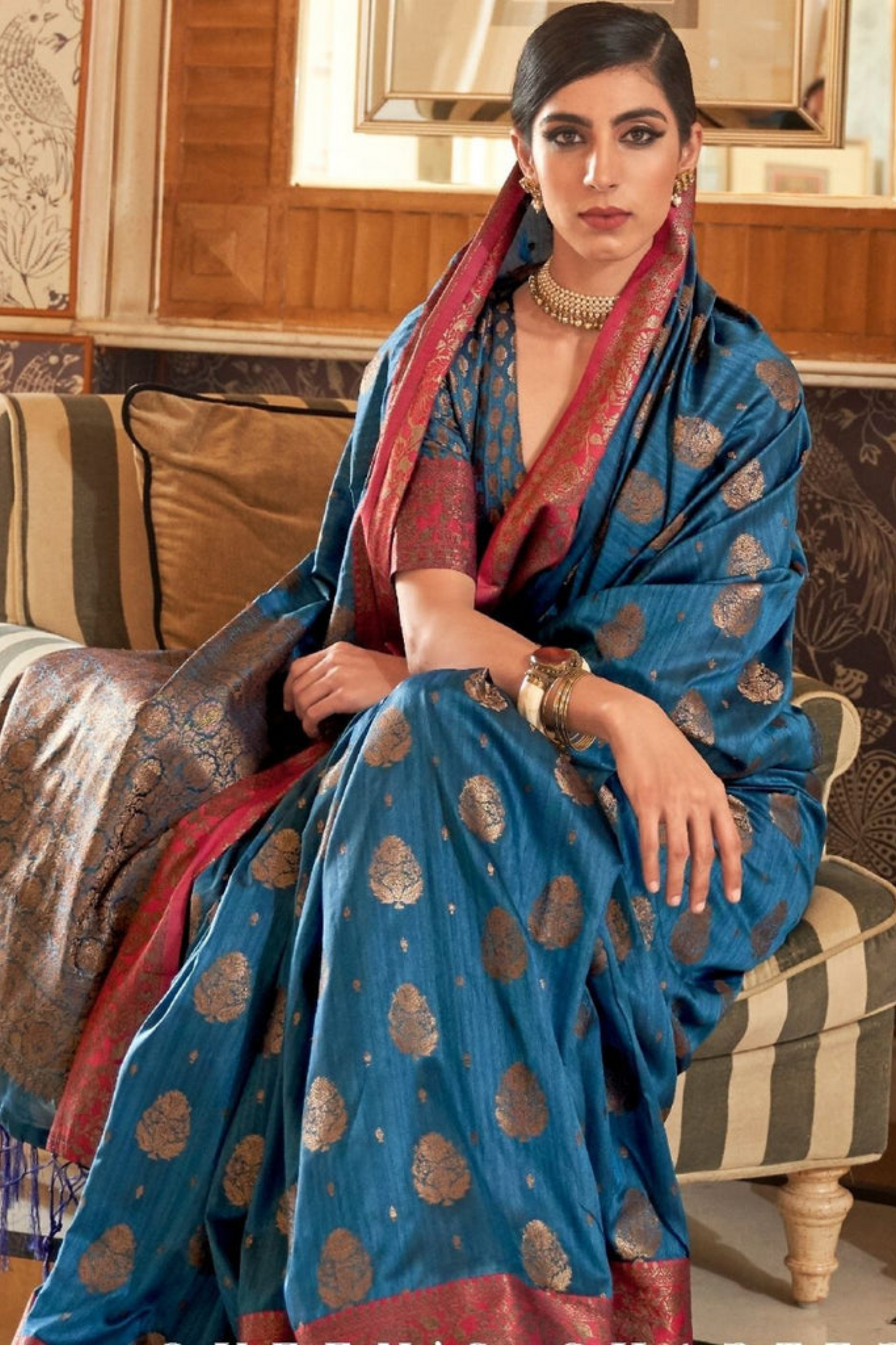 Sapphire Blue Banarasi Tussar Silk Saree with Designer Boder