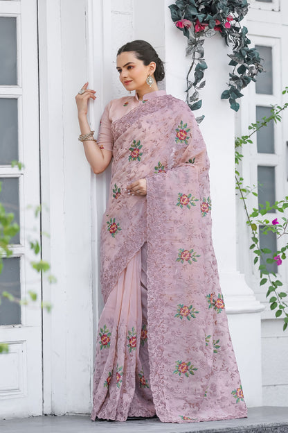 Mauve Chiffon Saree with Cross-Stitch Embroidery