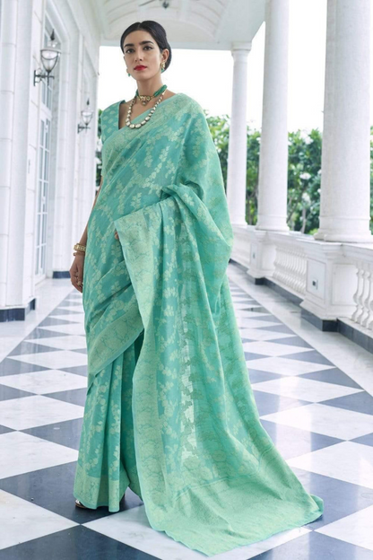 Mint Green Designer Lucknowi Cotton Saree with Chikankari Work