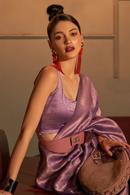 Mulberry Magenta Rich Banarasi Soft Silk Saree with Shimmer Zari Work