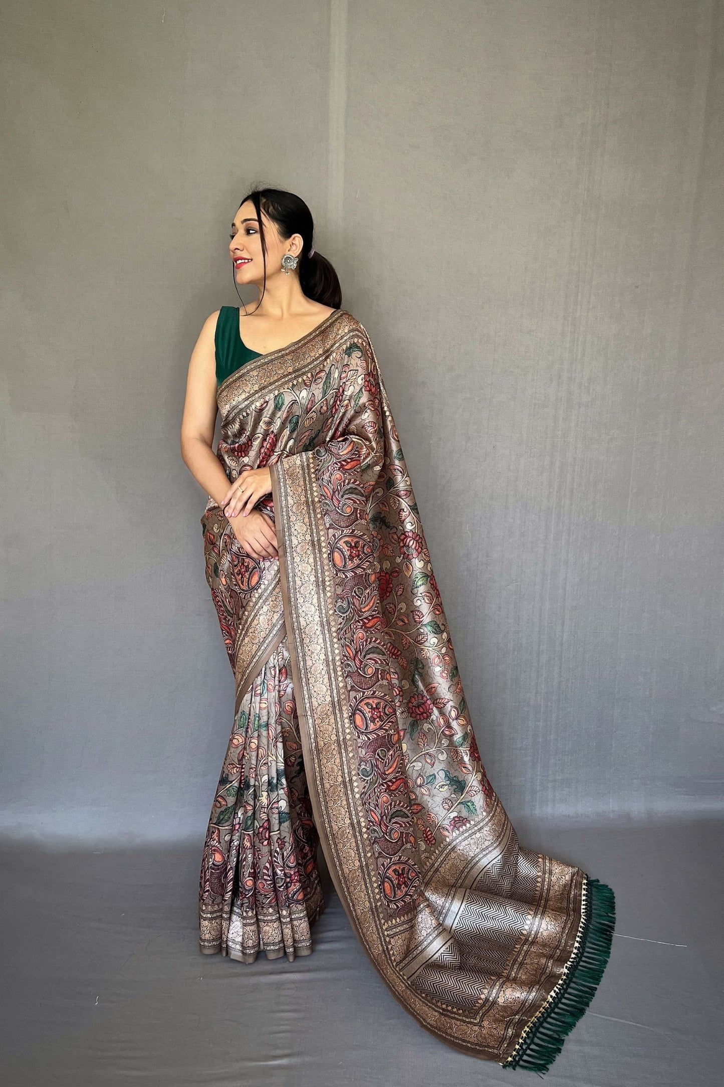 Steel Grey Soft Silk Saree with Kalamkari Fusion Print