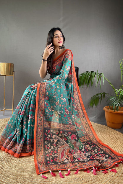 Rama Kalamkari Printed Malai Cotton Saree