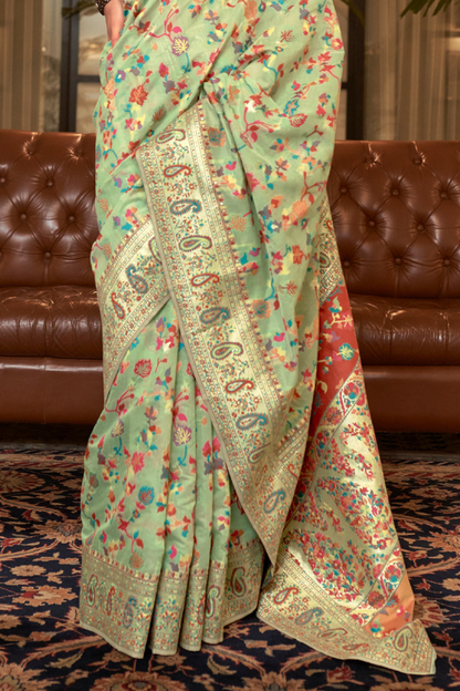 Pistachio Green Cotton Silk Pashmina Sarees with Kashmiri Modal Weaving